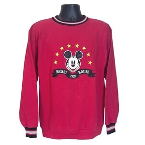 Vintage Mickey & Co Mickey Mouse‎ 1928 Crewneck Sweatshirt Red Striped Collar LG
